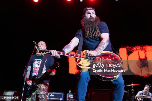 Lars Frederiksen and Tim Armstrong of Rancid perform onstage during the "Boston To Berkeley II" tour at WaMu Theater on October 05, 2021 in Seattle,...