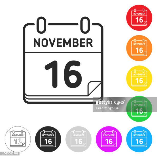 ilustraciones, imágenes clip art, dibujos animados e iconos de stock de 16 de noviembre. iconos planos en botones en diferentes colores - número 16