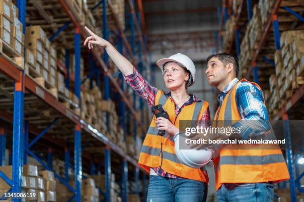 managers controlling distribution and checking inventory in warehouse storage. - workers compensation stock pictures, royalty-free photos & images