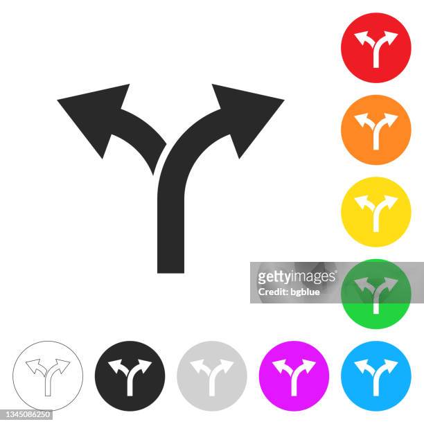 two way direction arrow. flat icons on buttons in different colors - money decisions stock illustrations