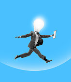 Contemporary art collage. Business concept. Composition with young manager, leader jumping, flying isolated on abstract background