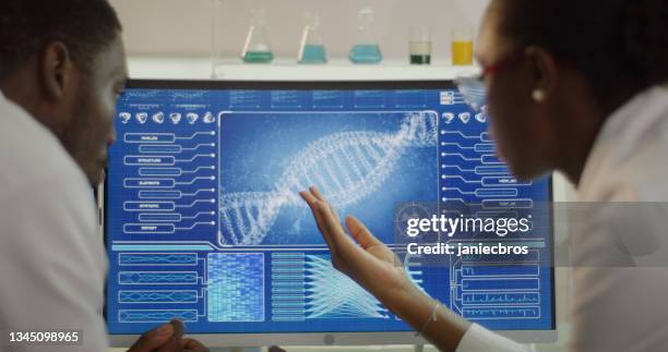 african ethnicity scientists studying dna samples. computer screens with dna sequences. discussing - base stockfoto's en -beelden