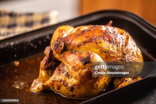 delicious looking freshly roasted chicken with honey glaze and crusty skin. ready to serve in roasting pan. - chicken bird stock pictures, royalty-free photos & images