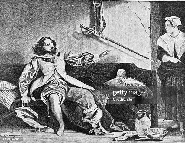 charles dickens as captain boadil in every man in his humor. - young couple sofa stock illustrations