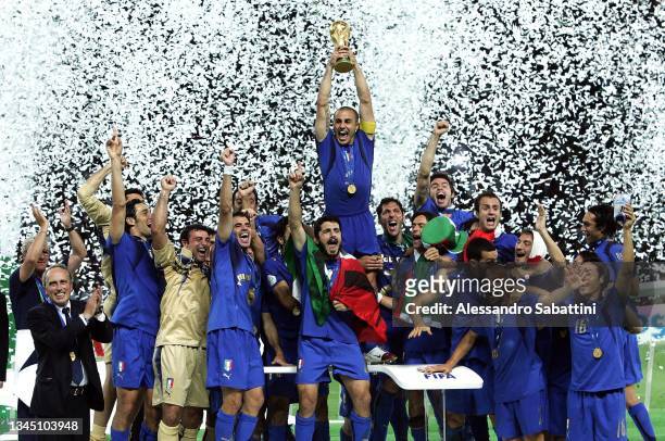 Fabio Cannavaro of Italy and his teammates celebrate with the trophy at the end the World Cup 2006 final football game Italy and France, 09 July 2006...