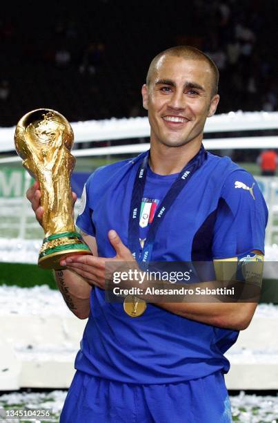 Fabio Cannavaro of Italy lift the trophy at the end the World Cup 2006 final football game Italy and France, 09 July 2006 at Berlin stadium. Italy...