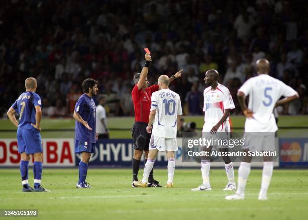 Referee Horacio Marcelo Elizozondo shows the red card to Zinedine Zidane of France afetr he head butted Marco Materazzi of Italy during the World Cup...