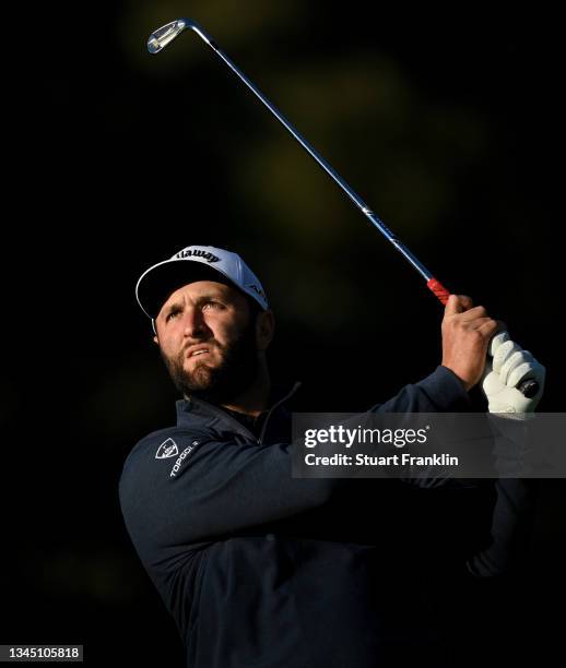 Jon Rahm of Spain plays a shot in the pro - am prior to the start of The Open de Espana at Club de Campo Villa de Madrid on October 06, 2021 in...