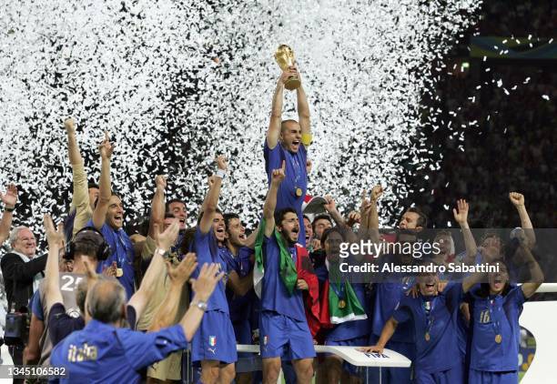 Fabio Cannavaro of Italy and his teammates celebrate with the trophy at the end the World Cup 2006 final football game Italy and France, 09 July 2006...