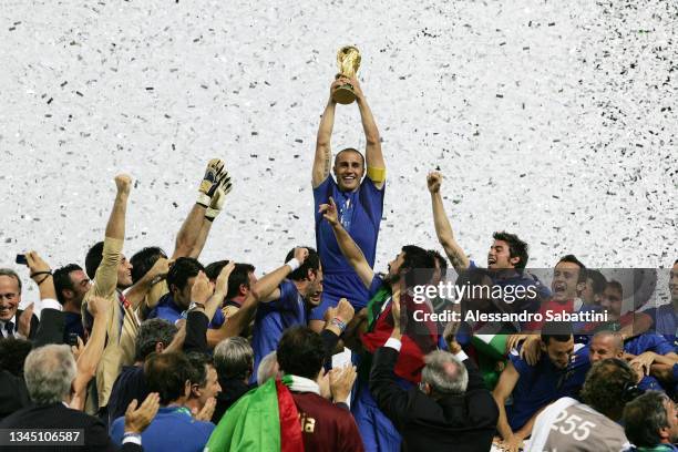 Fabio Cannavaro of Italy and his teammates celebrate with the trophy at the end the World Cup 2006 final football game Italy and France, 09 July 2006...