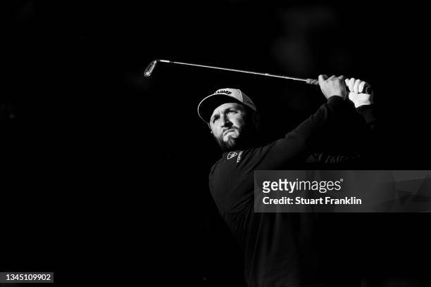Jon Rahm of Spain plays a shot in the pro - am prior to the start of The Open de Espana at Club de Campo Villa de Madrid on October 06, 2021 in...