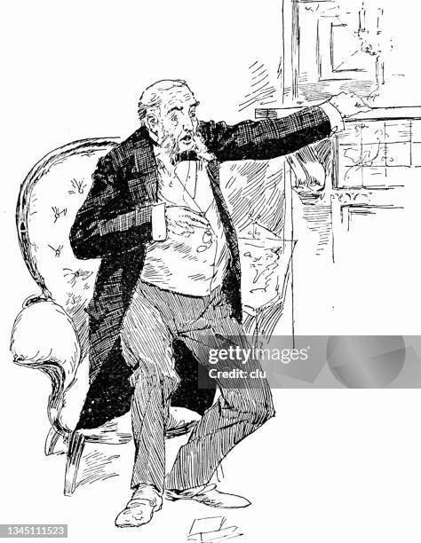 stockillustraties, clipart, cartoons en iconen met man standing up from chair with health problems, hand on the chest - hand op borst