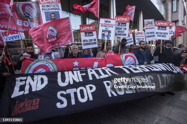 Former shadow chancellor John McDonnell joins a protest outside the UBER HQ in East London during a strike on October 6, 2021 in London, England. The...