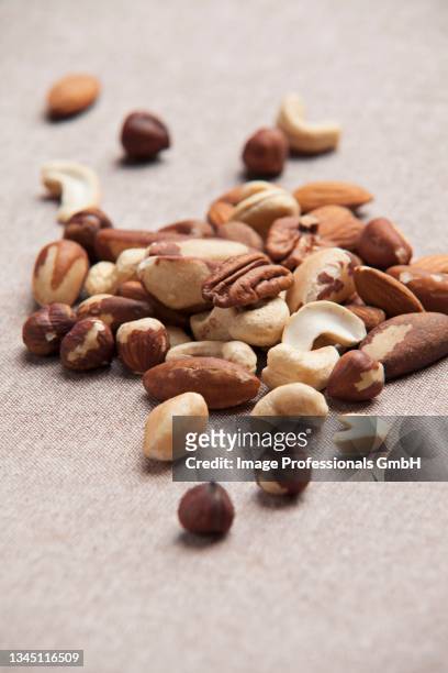 mixed nuts on a tablecloth - brazil nut stock pictures, royalty-free photos & images