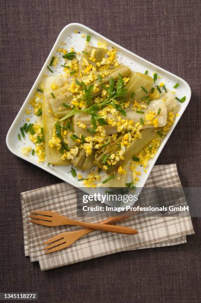 leek salad with an egg vinaigrette - poireau photos et images de collection