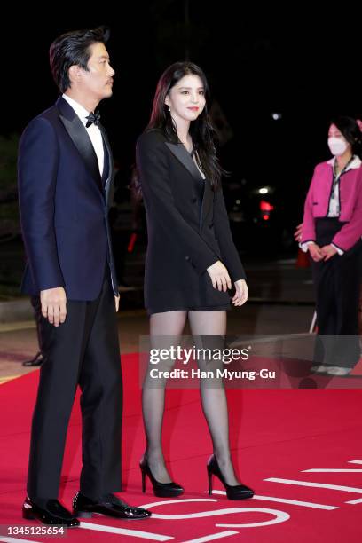 South Korean actors Park Hee-Soon and Han So-Hee arrives at the opening ceremony of the 26th Busan International Film Festival at the Busan Cinema...