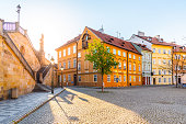 Na Kampe - small square under Charles Bridge on sunny day. Kampa Island, Prague, Czech Republic