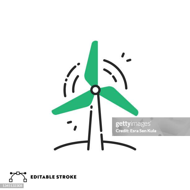 ilustraciones, imágenes clip art, dibujos animados e iconos de stock de icono de línea plana de turbina eólica con trazo editable - aerogenerador