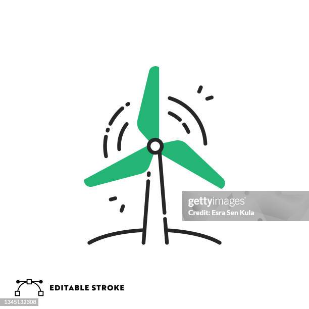 wind turbine flat line icon with editable stroke - wind mill icon stock illustrations