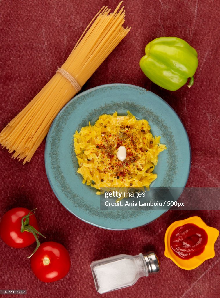 Directly above shot of pasta in plate on table