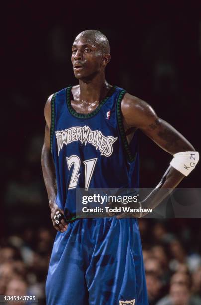 Kevin Garnett, Power Forward for the Minnesota Timberwolves looks on during the NBA Pacific Division basketball game against the Los Angeles Lakers...