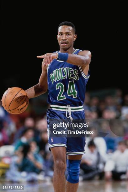 Micheal Williams, Point Guard for the Minnesota Timberwolves pointing to team mates during the NBA Midwest Division basketball game against the...