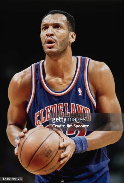 Larry Nance, Power Forward for the Cleveland Cavaliers prepares to shoot a free throw during the NBA Atlantic Division basketball game against the...