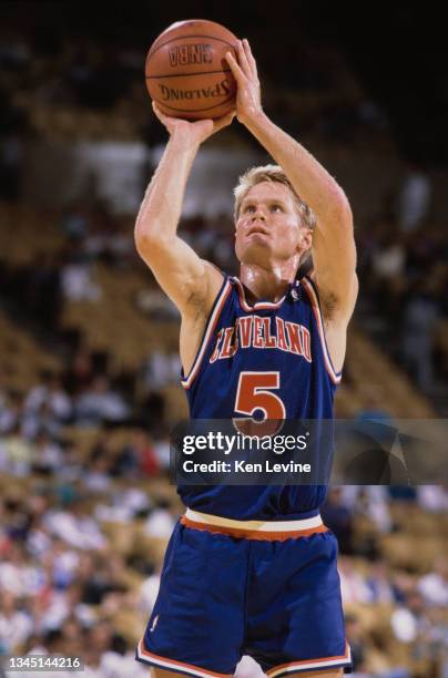 Steve Kerr, Point Guard for the Cleveland Cavaliers attempts to shoot a free throw during the NBA Pacific Division basketball game against the Los...