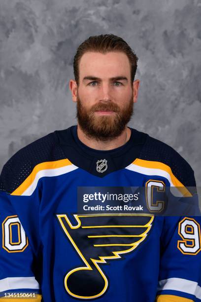Ryan O'Reilly of the St. Louis Blues poses for his official headshot for the 2021-2022 season at the Centene Community Ice Center on September 22,...