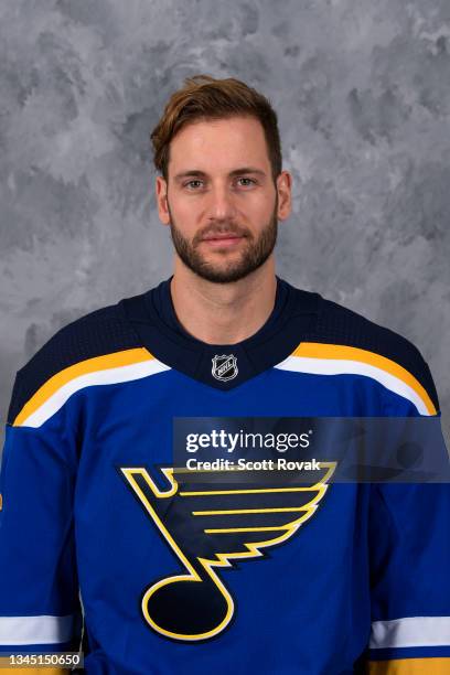 Marco Scandella of the St. Louis Blues poses for his official headshot for the 2021-2022 season at the Centene Community Ice Center on September 22,...