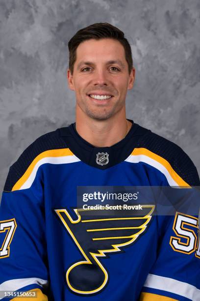 David Perron of the St. Louis Blues poses for his official headshot for the 2021-2022 season at the Centene Community Ice Center on September 22,...