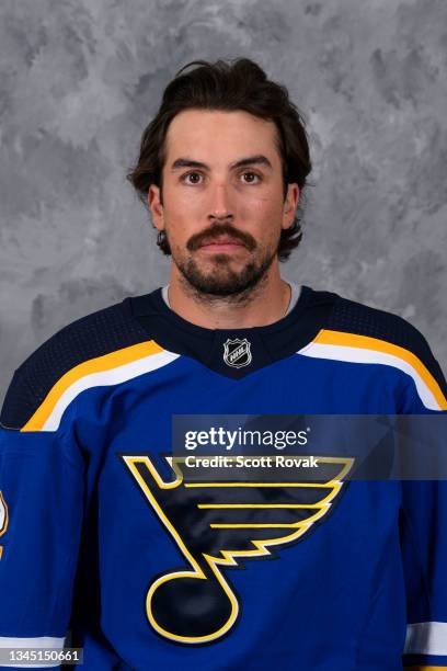Justin Faulk of the St. Louis Blues poses for his official headshot for the 2021-2022 season at the Centene Community Ice Center on September 22,...