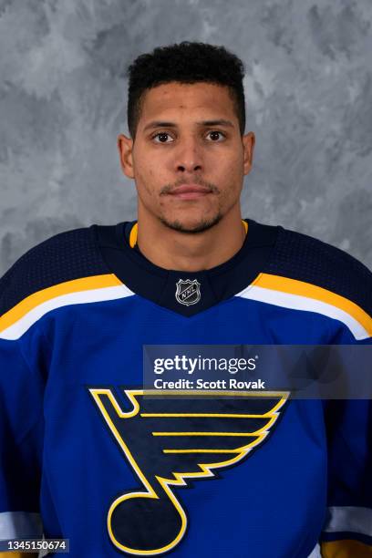 Dakota Joshua of the St. Louis Blues poses for his official headshot for the 2021-2022 season at the Centene Community Ice Center on September 22,...