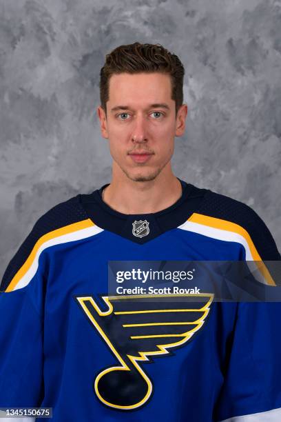 Jordan Binnington of the St. Louis Blues poses for his official headshot for the 2021-2022 season at the Centene Community Ice Center on September...