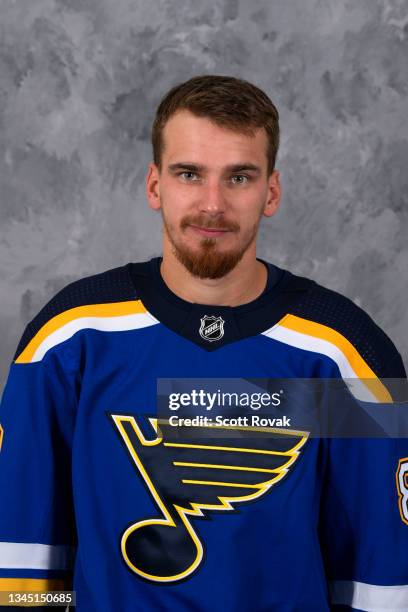 Pavel Buchnevich of the St. Louis Blues poses for his official headshot for the 2021-2022 season at the Centene Community Ice Center on September 22,...