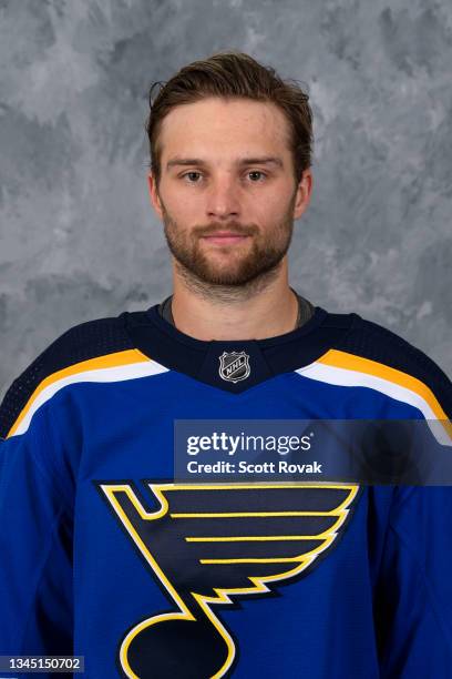 Nathan Walker of the St. Louis Blues poses for his official headshot for the 2021-2022 season at the Centene Community Ice Center on September 22,...