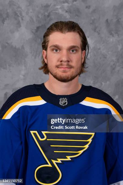 Robert Thomas of the St. Louis Blues poses for his official headshot for the 2021-2022 season at the Centene Community Ice Center on September 22,...