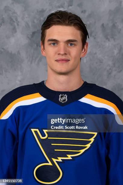 Alexei Toropchenko of the St. Louis Blues poses for his official headshot for the 2021-2022 season at the Centene Community Ice Center on September...