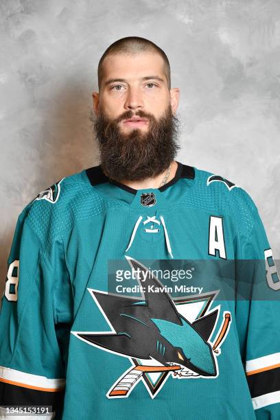 Brent Burns of the San Jose Sharks poses for his official headshot for the 2020-2021 season at SAP Center on September 22, 2021 in San Jose,...