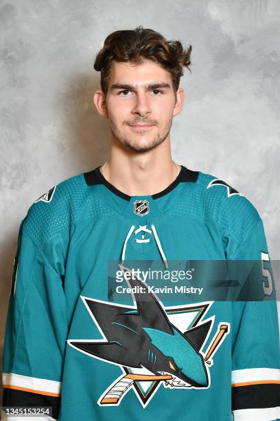 Dillon Hamaliuk of the San Jose Sharks poses for his official headshot for the 2021-2022 season at SAP Center on September 22, 2021 in San Jose,...