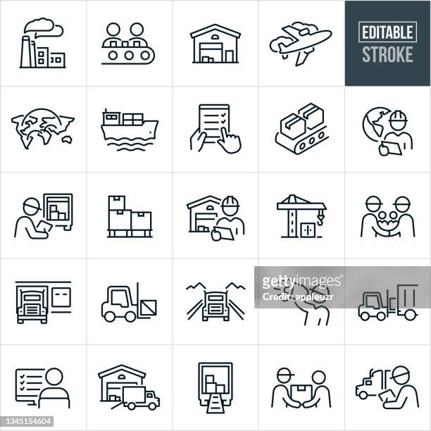 product distribution thin line icons - editable stroke - factory worker stock illustrations