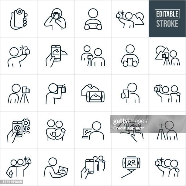 stockillustraties, clipart, cartoons en iconen met photography thin line icons - editable stroke - smartphone with icons