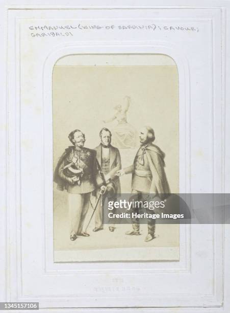 Victor Emmanuel II King of Sardinia, Giuseppe Garibaldi and Camillo Benso, Count of Cavour, 1860-69. Albumen print of an artwork. Artist Unknown.
