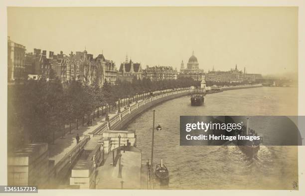 Thames Embankment, 1850-1900. [Steamships on the River Thames]. Albumen print, from the album "Views of London". Artist Unknown.