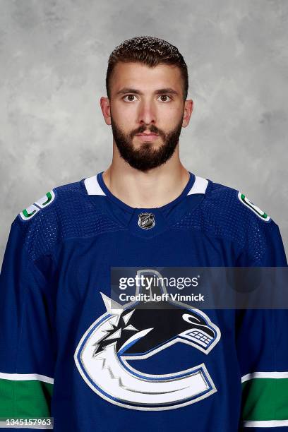 Phillip Di Giuseppe of the Vancouver Canucks poses for his official headshot for the 2021-2022 season on September 22, 2021 at Rogers Arena in...