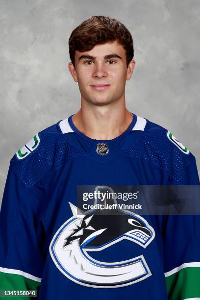 William Lockwood of the Vancouver Canucks poses for his official headshot for the 2021-2022 season on September 22, 2021 at Rogers Arena in...