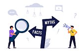 Myths and facts Information accuracy in flat tiny persons concept Businessman and directional sign of facts versus myths Verify rumors scene Fake news versus trust and honest data source