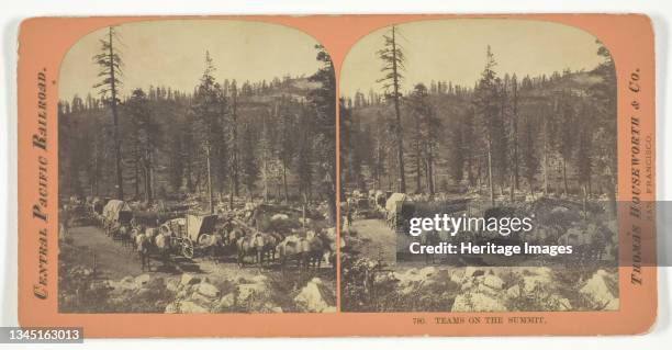 Teams on the Summit, 1867. [Wagons and horses, USA]. Albumen print, stereocard, no. 780 from the series "Central Pacific Railroad". Artist Lawrence &...