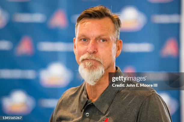 Former Arizona Diamondbacks pitcher Randy Johnson is interviewed before the game between the Amarillo Sod Poodles and the Frisco RoughRiders at...