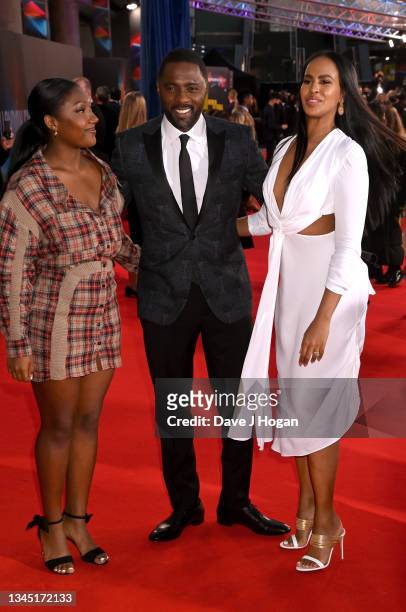 Isan Elba, Idris Elba and Sabrina Elba attend "The Harder They Fall" World Premiere during the 65th BFI London Film Festival at The Mayfair Hotel on...